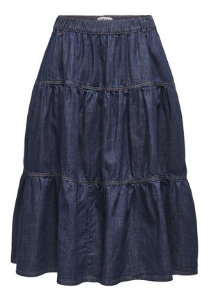 Denim rok in donkerblauw, gelaagd ontwerp met elastische tailleband en geraffineerde zoom. Gemaakt van zachte, gestructureerde stof met zichtbare stikseldetails.