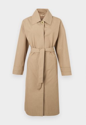 Trench-coat beige avec col, manches longues, fermeture à un seul bouton doré, ceinture à la taille et coupe droite. Tissu lisse et résistant.