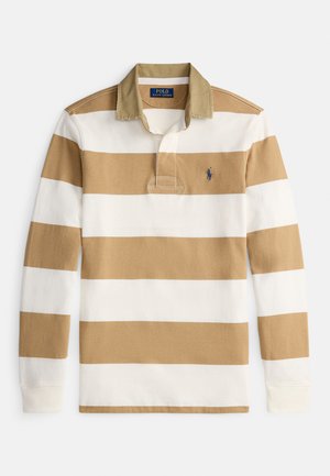 Beige og hvide brede stribede rugbytrøje med lange ærmer, beige krave og Polo Ralph Lauren-logo på venstre bryst.