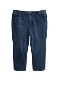 Ciemnoniebieskie dżinsy o długości do połowy łydki z pięcioma kieszeniami, zapinane na guziki, z delikatnym wyblakłym efektem z przodu, o prostym kroju nogawek.