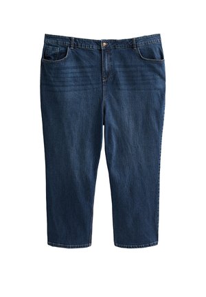 Vaqueros cortos de mezclilla azul oscuro con diseño de cinco bolsillos, cierre con botón y textura sutilmente desgastada en la parte delantera, corte de pierna recta.