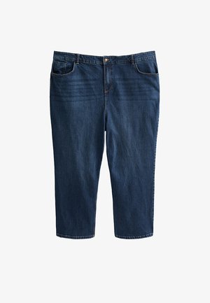 Vaqueros cortos de mezclilla azul oscuro con diseño de cinco bolsillos, cierre con botón y textura sutilmente desgastada en la parte delantera, corte de pierna recta.