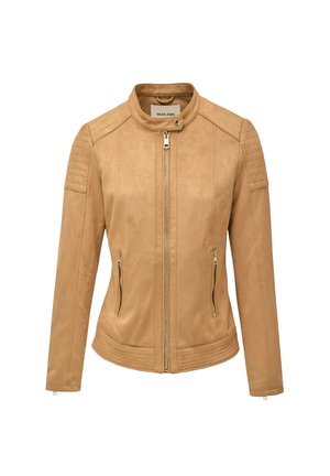 Chaqueta de ante sintético color marrón claro con diseño ajustado, textura suave, bolsillos verticales con cremallera y acentos de hombros acanalados. Cierre frontal con cremallera.