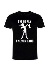 Zwarte t-shirt met witte tekst "IK BEN ZO VLAK DAT IK NOOIT LAND," met silhouetontwerpen van twee vliegende figuren.