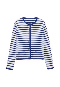 Pruhovaný cardigan s dlouhými rukávy, bílé a tmavě modré barvy, kulatý výstřih, pět knoflíků a dvě přední kapsy. Měkká pletená textura.
