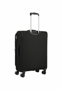 Black suitcase with a hard shell, telescopic handle, four swivel wheels, side pocket, and zipper closure. Smooth texture and minimalist design.