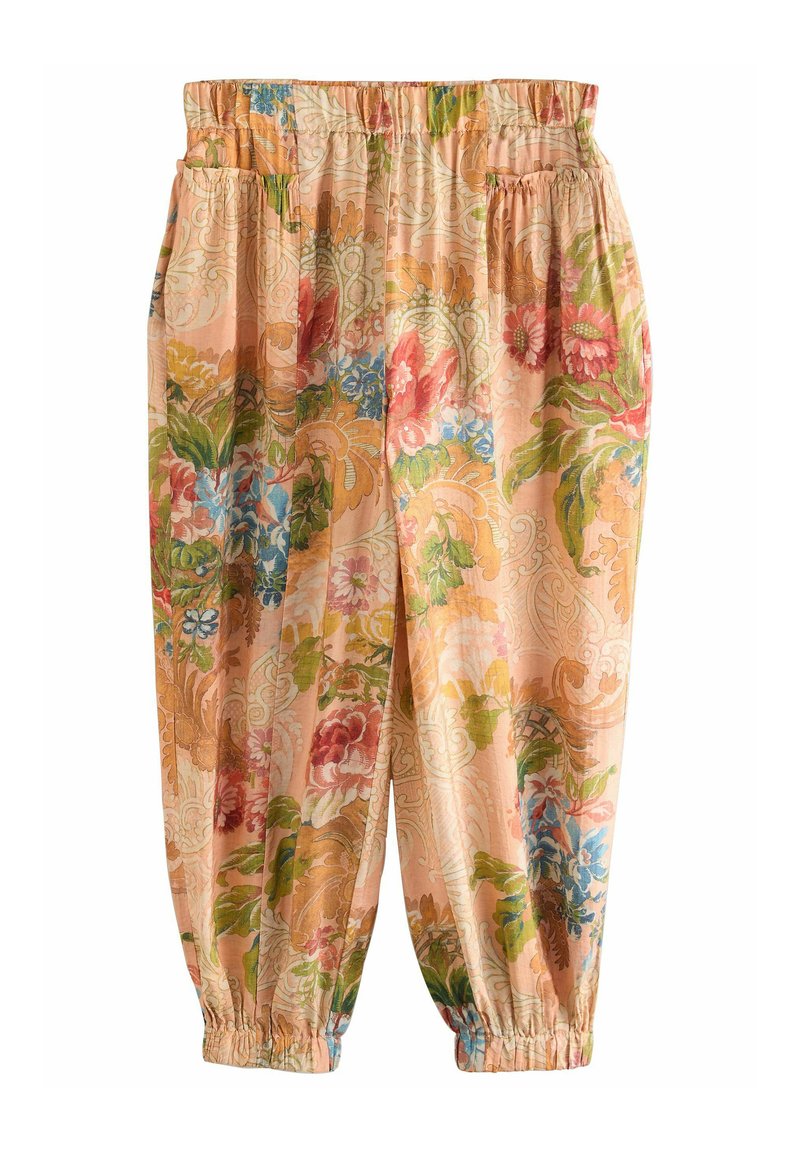 Pantalones con estampado floral en colores pastel, con cinturilla elástica, puños fruncidos y bolsillos laterales. Hechos de una tela ligera.