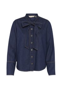 Camicia in denim blu scuro con colletto a farfalla, maniche lunghe, apertura frontale con bottoni e dettagli di cucitura a contrasto. Texture liscia.