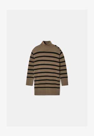 Knit turtleneck sweater in beige with black horizontal stripes, featuring button accents on the shoulder and ribbed cuffs and hem.