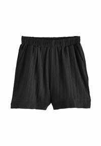 Black shorts with an elastic waistband, featuring a textured fabric with a diamond pattern and loose fit. No pockets visible.