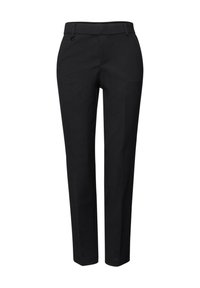 Black straight-leg trousers with belt loops and a fitted waist, displayed against a white background.