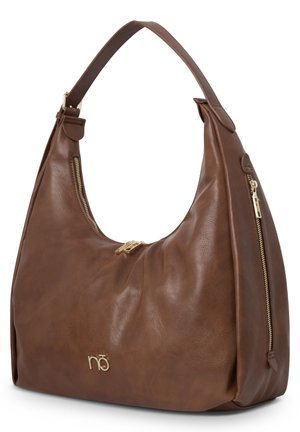 Braune Leder-Schultertasche mit goldfarbenen Reißverschlüssen, einem einzelnen Riemen und einem kleinen goldenen Logo auf der Vorderseite.