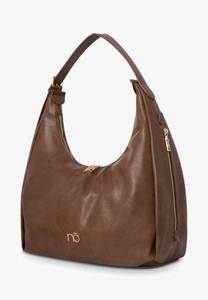 Borsa a tracolla in pelle marrone con cerniere color oro, una tracolla singola e un piccolo logo dorato sul davanti.