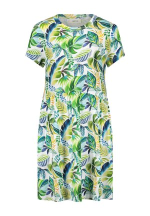 Robe à manches courtes avec taille froncée, présentant un motif coloré de feuilles tropicales en vert, bleu et jaune sur tissu blanc.