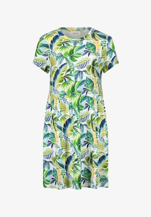 Jurk met korte mouwen en een geplooide taille, met een kleurrijk tropisch bladpatroon in groen, blauw en geel op witte stof.