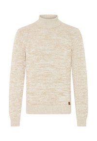 Suéter de punto en tono beige y blanco jaspeado, con mangas largas y cuello alto tipo tortuga, que incluye una pequeña etiqueta de marca marrón cerca del dobladillo.