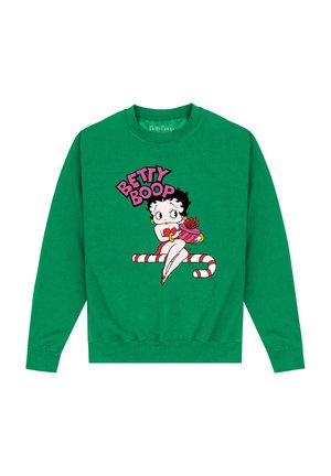 Sweatshirt vert avec un design imprimé de Betty Boop tenant des fleurs, avec une peau blanche, des cheveux noirs et un accent rouge et blanc en dessous.