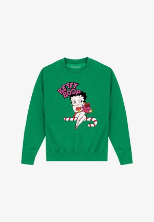 Felpa verde con un design stampato di Betty Boop, che tiene dei fiori, con pelle bianca, capelli neri e un'accenno rosso e bianco sotto.
