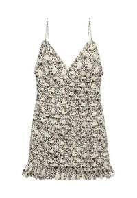 Sleeveless dress with a v-neck, featuring a floral pattern in beige, black, and brown. Ruffled hem and gathered texture throughout.