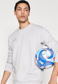 Ανοιχτό γκρι φούτερ με μακριά μανίκια, που διαθέτει τρεις διαγώνιες ρίγες στο στήθος. Το άτομο κρατά μια ποδοσφαιρική μπάλα με μπλε και κόκκινο σχέδιο.