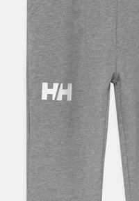 Pantalones de chándal grises hechos de un tejido suave, con un logo plateado "H/H" en el muslo izquierdo, bolsillos y un diseño de pierna recta.