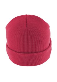 Caciula tricotată roșie cu o mansetă pliată, având o textură netedă și un vârf rotund. Realizată dintr-un material moale și elastic.