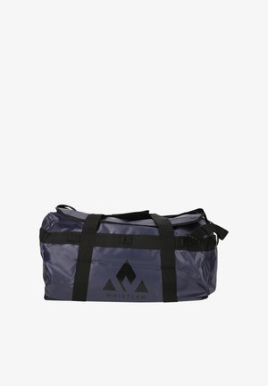 Blå vandtæt duffel taske med sorte stropper og et logo. Har en rund form og et robust design, der er ideelt til rejser eller udendørsbrug.