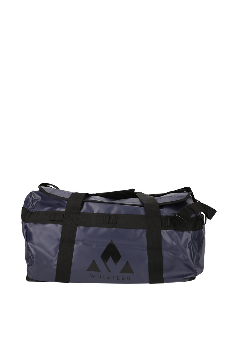 Sinine veekindel reisikott mustade rihmade ja logoga. Omab ümarat kuju ja tugevat disaini, ideaalne reisimiseks või välitegevuseks.