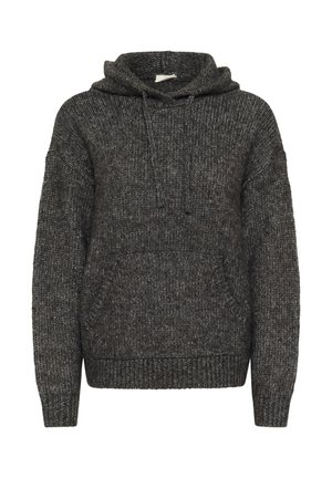 Kapuzensweater aus dunkelgrauem Melange-Strick. Verfügt über eine Kängurutasche, gerippten Saum, großzügigen Schnitt und texturierten Stoff.
