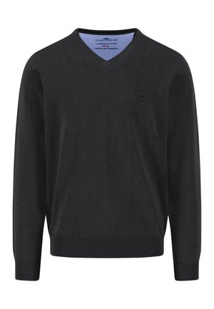 Dunkelgrauer, langärmeliger Pullover mit V-Ausschnitt aus Strick, mit gerippten Bündchen und Saum sowie kleinem, links auf der Brust gesticktem Logo.