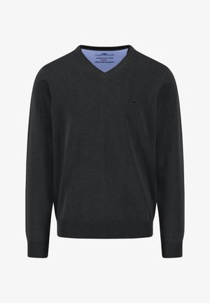 Dunkelgrauer, langärmeliger Pullover mit V-Ausschnitt aus Strick, mit gerippten Bündchen und Saum sowie kleinem, links auf der Brust gesticktem Logo.