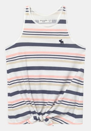 Ærmeløs børnetop med horisontale striber i marineblå, pink, beige og hvid, med et lille elglogo og en knude foran forneden.