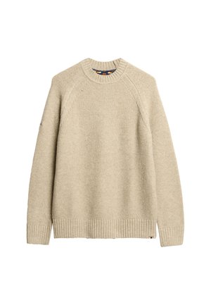 Suéter de punto beige con un patrón texturizado, dobladillo y puños de canalé, y un cuello redondo. Presenta mangas raglán y un acento de logo.