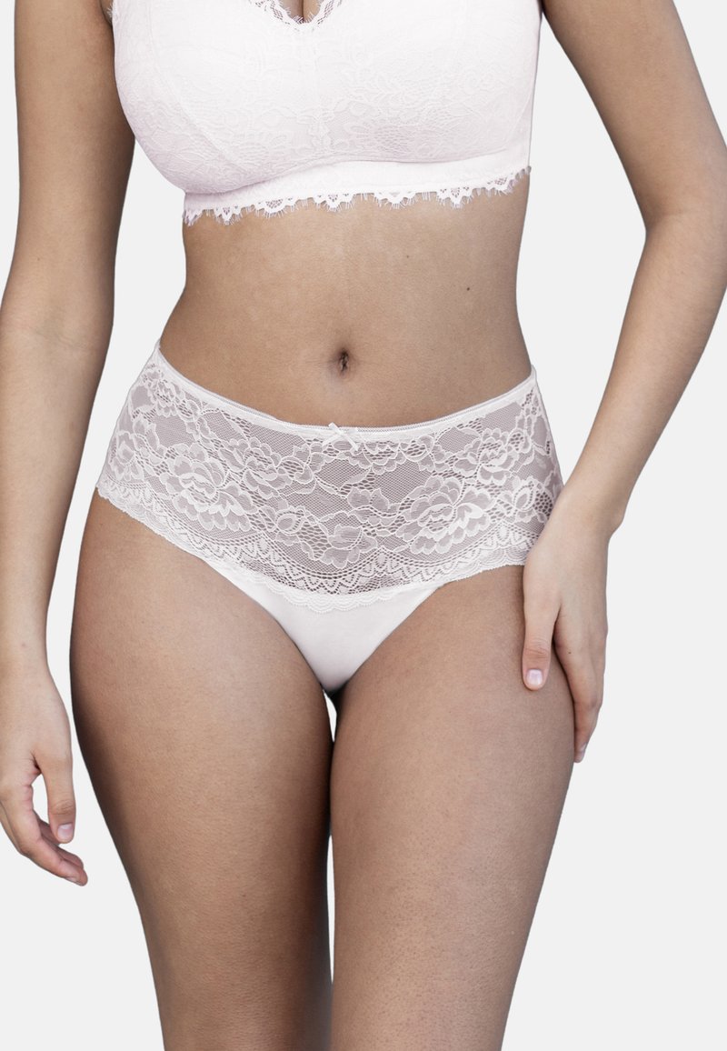 High-waisted lace underwear in light pink, featuring a sheer lace waistband, soft satin body, and floral lace pattern along the edges.