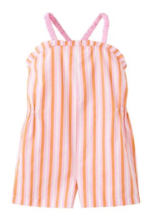 Combinaison sans manches pour filles avec des rayures verticales roses et orange et des bretelles élastiques froncées aux épaules.