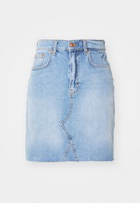 Light blue denim mini skirt featuring a high waist, visible stitching, and an asymmetrical hem design. Includes a front button closure.