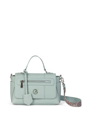 Light blue leather handbag with top handle, front zipper pocket, decorative charm, and detachable strap with geometric pattern.
