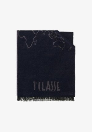 Coperta blu scuro con design della mappa del mondo in filo più chiaro. Presenta il testo "T'CLASSIC" sul fondo e bordi sfrangiati per la texture.