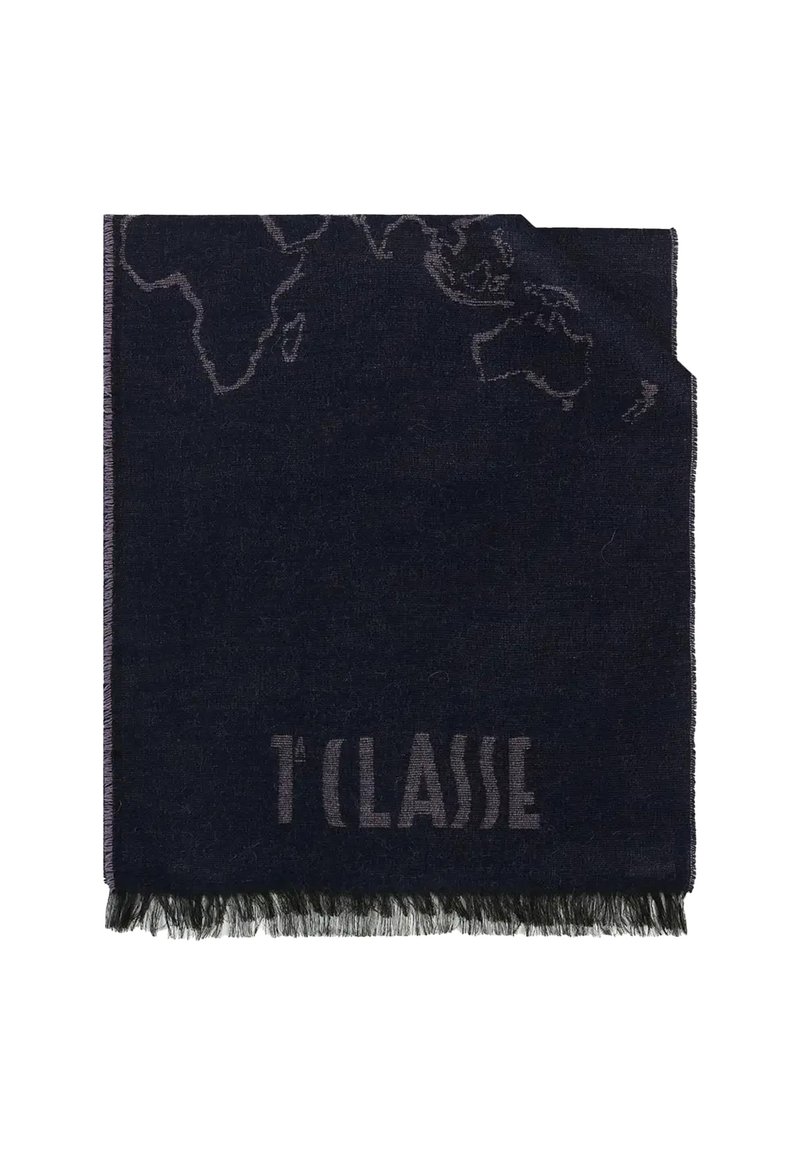 Coperta blu scuro con design della mappa del mondo in filo più chiaro. Presenta il testo "T'CLASSIC" sul fondo e bordi sfrangiati per la texture.