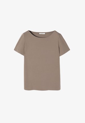 Beige T-Shirt mit kurzen Ärmeln, weitem Ausschnitt, aus glattem Stoff mit lockerer Passform und geradem Saum. Keine sichtbaren Muster oder Akzente.