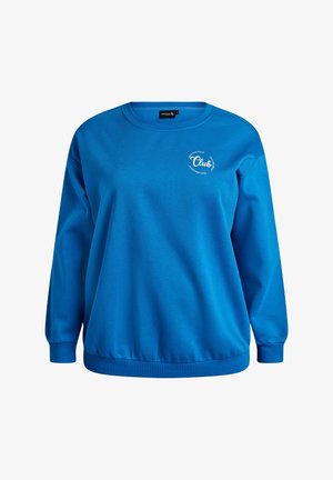 Modra pulover s tekočim ovratnikom iz mehke tkanine. Ima okrogel izrez, dolge rokave, rebraste manšete in majhen logotip "Club" na prsih.