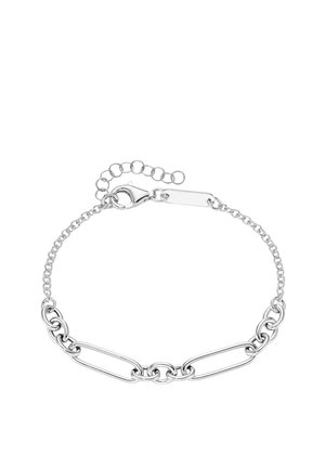 Silberarmband mit abwechselnd runden und länglichen Gliedern, mit feiner Kette und verstellbarem Verschluss für einen sicheren Sitz.