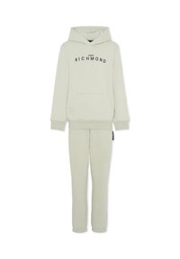 Jasnoszara bluza z kapturem i dopasowane spodnie dresowe, z przodu kieszeń, ściągacze na rękawach oraz czarny nadruk z logo "JOHN RICHMOND".