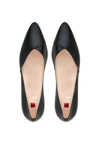 Black leather pointed-toe shoes with a cutout design. Features a beige insole and a small red square accent on the heel.