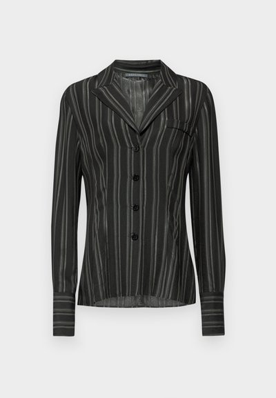 Black striped blouse with a collar, long sleeves, five buttons, and a chest pocket; made from a light, textured fabric.