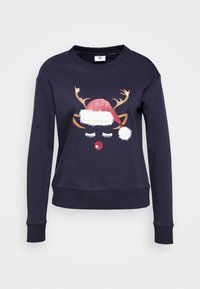 Felpa blu navy con grafica natalizia di una renna, caratterizzata da corna di paillettes, un naso rosso e un cappello di Babbo Natale. Polsini e orlo a coste.