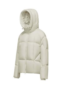 Giubbotto imbottito color beige chiaro, con cappuccio, zip frontale e forma squadrata. Realizzato in materiale trapuntato e imbottito con dettagli cuciti.