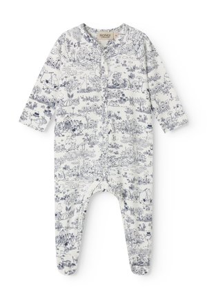 Pijama blanco para bebé con mangas largas y pies cubiertos, con ilustraciones detalladas en azul marino de animales, plantas y pequeñas escenas.