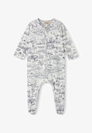 Body bianco per neonati con maniche lunghe e piedi coperti, con dettagliate illustrazioni blu navy di animali, piante e piccole scene.