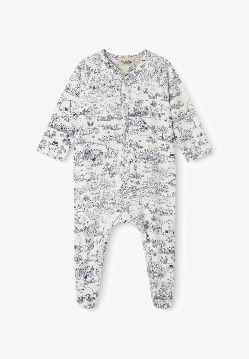Body blanc pour bébé à manches longues et pieds, orné d'illustrations détaillées bleu marine d'animaux, de plantes, et de petites scènes.